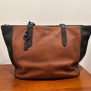 Fossil Two-Tone Brown and Black Pebbled Leather Tote with Key Charm
